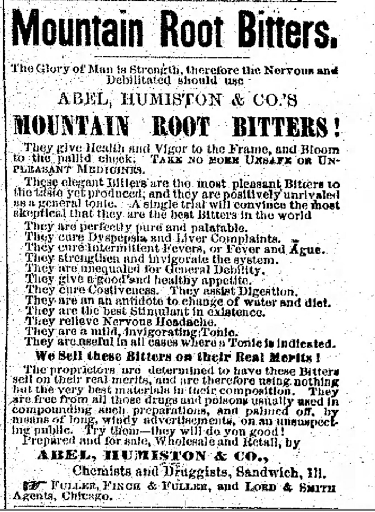 The tantalizing efficacy of Mountain Root Bitters makes one wish it were available today.