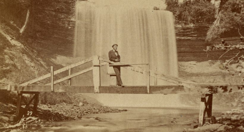 Another picture of the first bridge with its graffiti. This was taken by William Henry Illingworth, and was published by E. H. Burritt. The address given for Burritt was only in use for the year 1871, but Illingworth was photographing the falls in the 1860s, in-between junkets out West to do things like accompany General Custer on his Black Hills expedition of 1874.