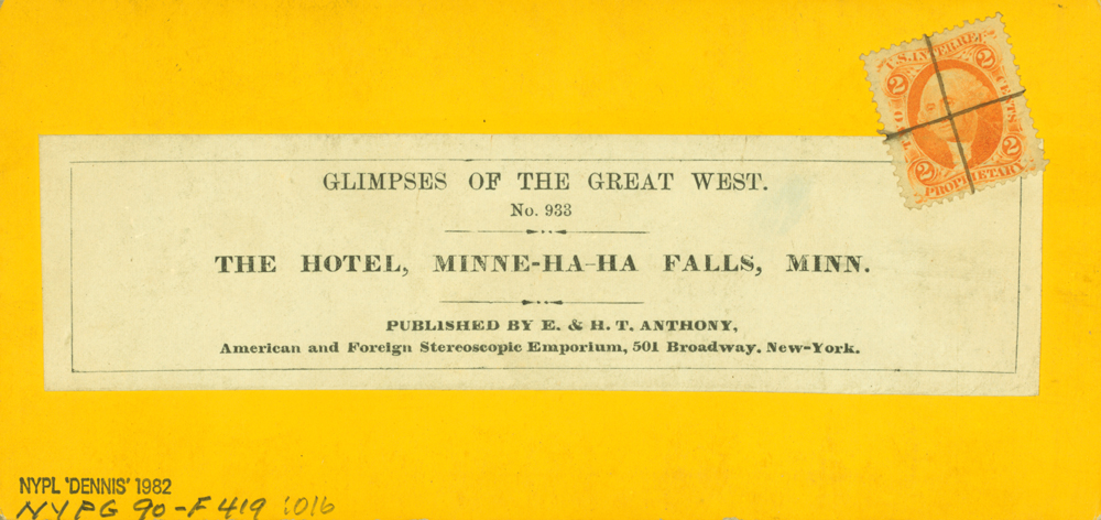 The company name "E. & T. H. Anthony" dates from 1862, during the Civil War. The sale of photographs was taxed during the war. This orange 2¢ stamp indicates that this stereo view sold for 25¢.
