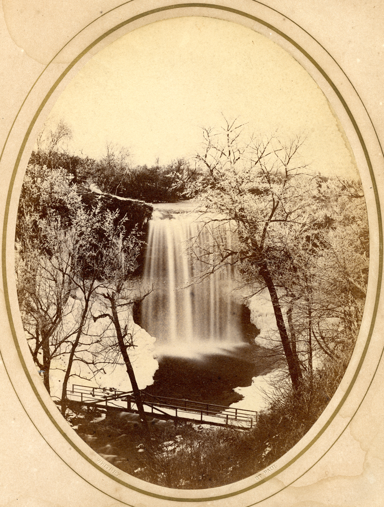 An early pic of Minnehaha, showing the first bridge