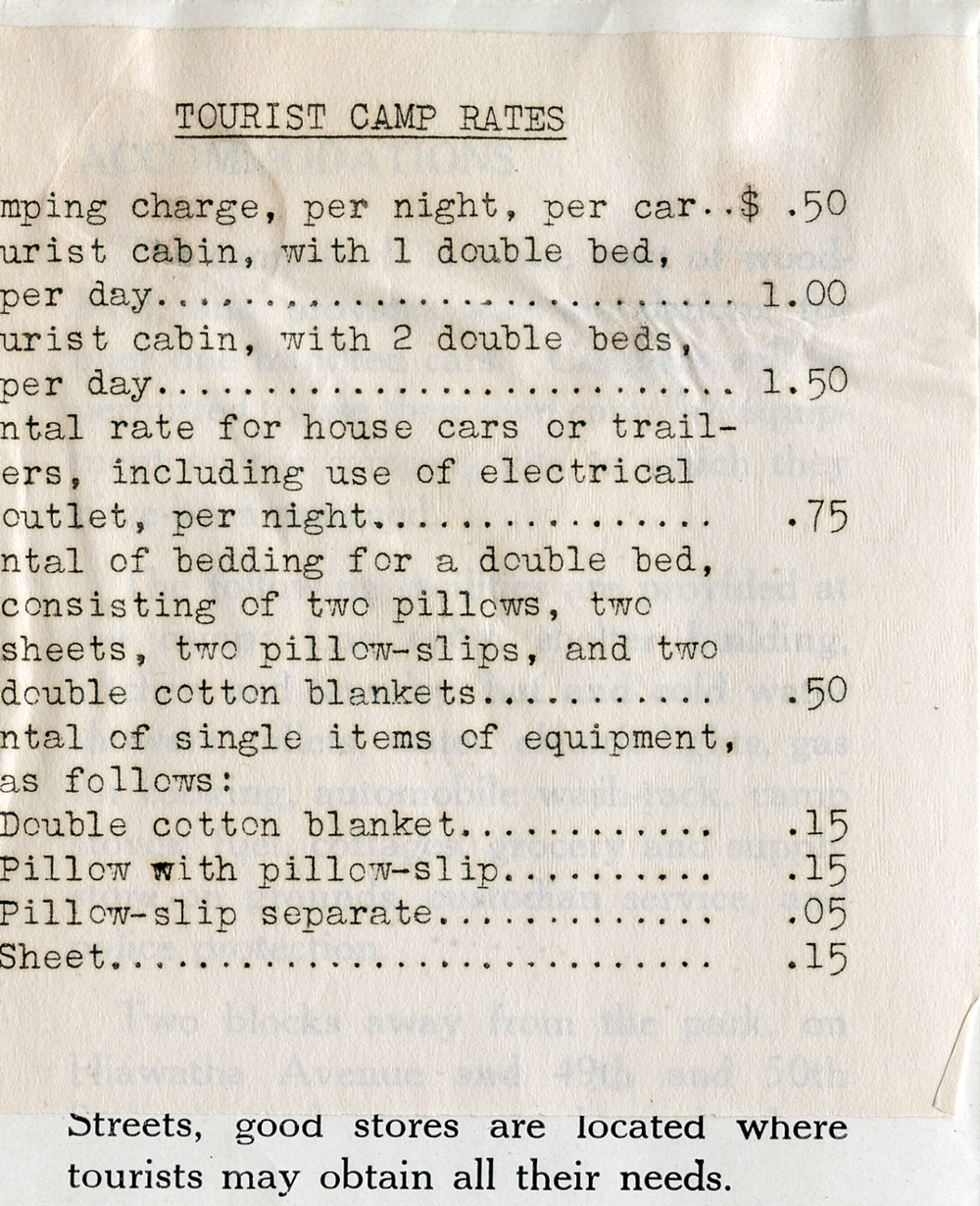 a list of price for renting bedding at the Auto Tourist Camp