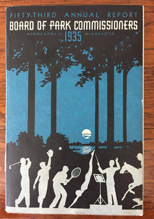 Silhouettes of people doing recreational activities in the foreground, a moon rising over a lake is glimpsed through the trees.